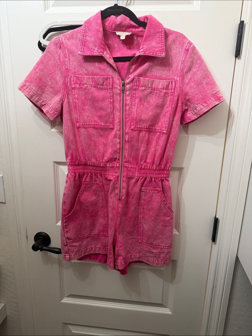 Elan Pink Denim Romper with Front Zip